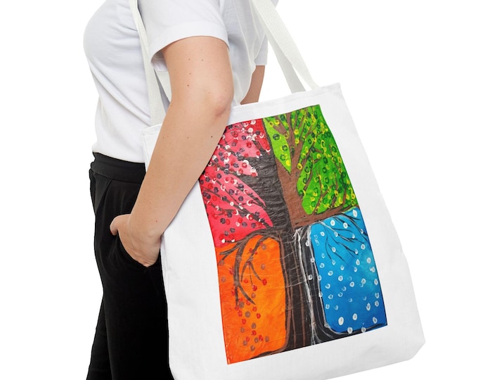 Crossroads Art With A Purpose, Two-sided 18x18 Tote with Unique Painted Seasons On A Tree. Quote: Joy Is Not A Season, It Is A Way Of Living