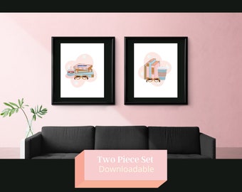 Coffee and Books, 2 Piece Set, Wall Art, Digital Downloadable Art, Pink and Blue, 8x10, Digital Wall Art, Girly Cute Wall Art