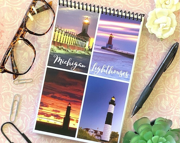 Michigan Lighthouse Notebook- Notebook of Lighthouses- Michigan Petoskey Stone- Petoskey Stone Notebook- Journal - Michigan Notebook