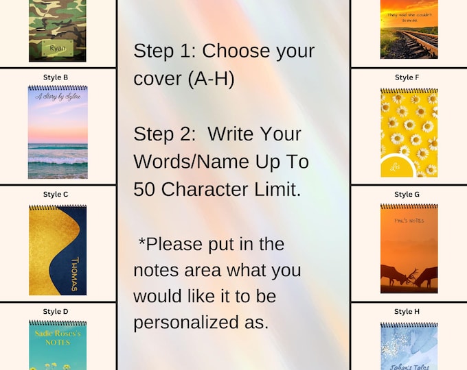 Personalized Notebooks, 8 Cover Selections, 8.5 x 5.5 size.
