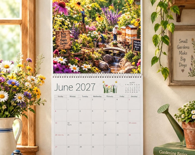 2027 Wall Calendar - Little Gardens, Big Dreams, 12 Month Landscape Horizontal Calendar. Colorful Scenery Of Little People Gardens.