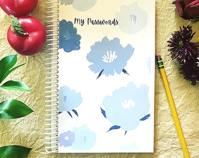 Watercolor Blue Floral Password Book, 5.5x8.5” size, Alphabetic Password Notebook