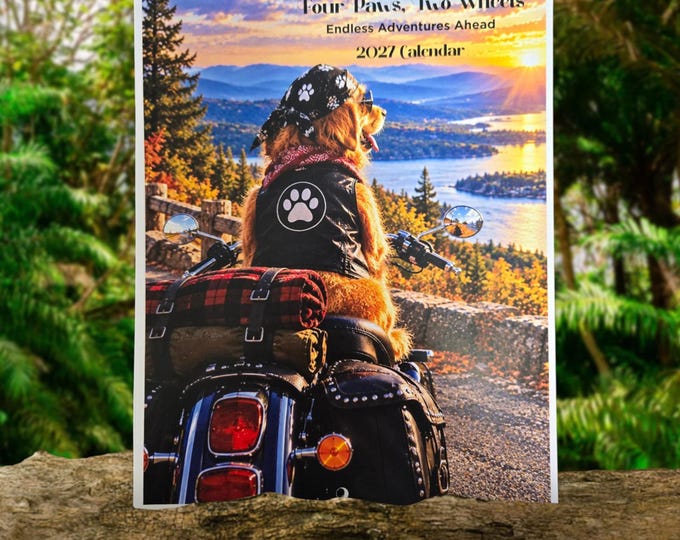 2027 Wall Calendar - Four Paws, Two Wheels - Endless Adventures - Vertical Wall Calendar. Dog on Bikes. Hanging Calendar 11x17.