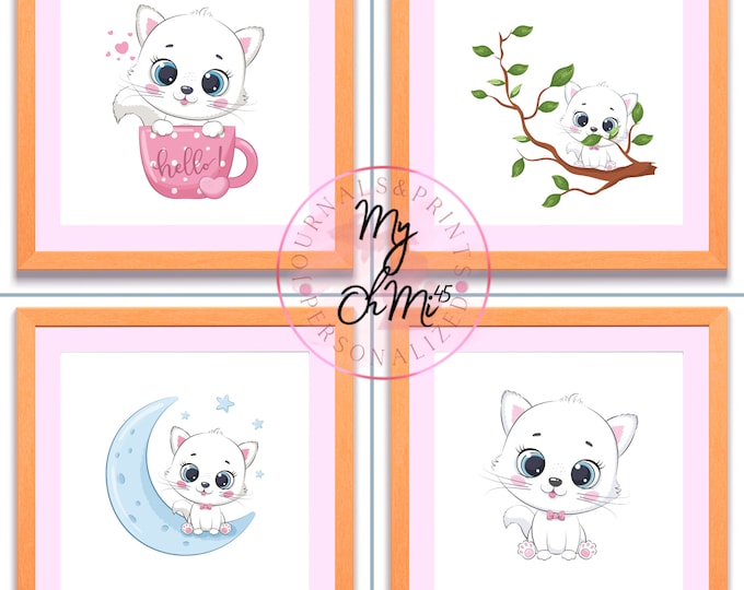 White Kitten Digital Art, Instant Art, Cute White Kitten, DIY Art for Child's Room