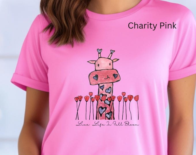 Crossroads Art With A Purpose Unisex T-Shirt with Unique Art Giraffe and Flowers. Quote: Live life in full bloom.