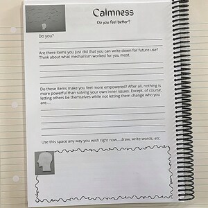 May include: A black and white notebook with a spiral binding. The notebook has a page with the title "Calmness" and the question "Do you feel better?" The page also has a section for writing down items that make you feel empowered.
