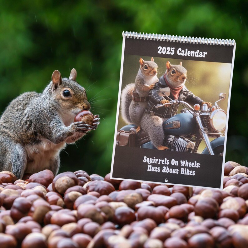 2025 Wall Calendar, Squirrels on Wheels Nuts About Bikes 11x17