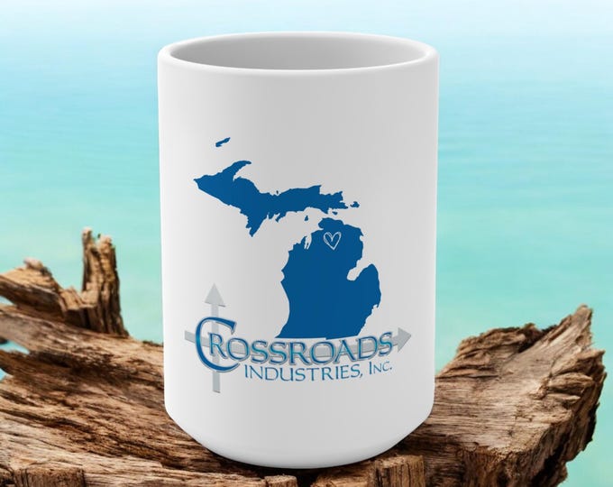 Crossroads Industries Mug 15oz, White Ceramic with Crossroads Logo and Michigan Love.