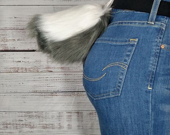 White and Charcoal Gray Rabbit Bunny Goat Nub Tail