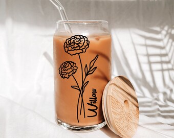 Personalized October birthday iced coffee tumbler, marigold birth flower, Libra astrology  glass, coworker appreciation gifts, bridal favors