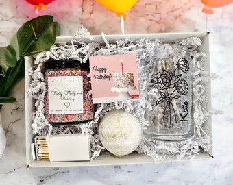 Thirty flirty and thriving, best friend gift box, birth flower, personalized libbey can glass, birthday sprinkle candle, 30th birthday gift