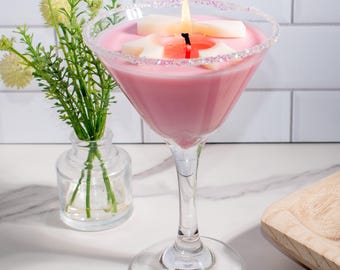 Rosa Schleifen-Martini-Kerze, Bogen-Dekor, kokett Kerze, Geschenk des besten Freundes, Martini-Liebhaber, Cocktailkerze, Bogen-Kerze, rosa Geschenke, rosa Kerze