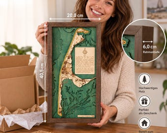 Sylt 20 x 40.5 cm, unique 3D wall map made of wood, handcrafted, directly from the manufacturer's workshop