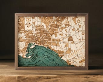Carte murale 3D de Palma de Majorque réalisée à la main à partir de bois naturel. 40,5 x 30,5 cm.