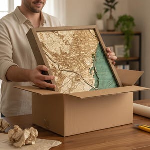 Op de afbeelding: Een vierkant wandkunstwerk met houten lijst, voorzien van een gedetailleerde, lasergesneden topografische kaart van een kuststad. De kaart toont ingewikkelde straatpatronen in lichte houttinten, gecontrasteerd door een diepblauwgroen watergedeelte.