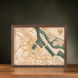 HONFLEUR - 3D-muurkaart met de hand gemaakt van natuurlijk hout. 40,5x30,5 cm.