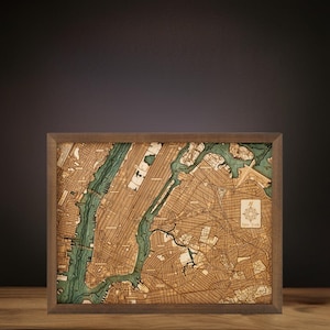 NEW YORK - 3D Wandkarte aus Naturholz in Handarbeit gefertigt. 40.5 x 30.5 cm.