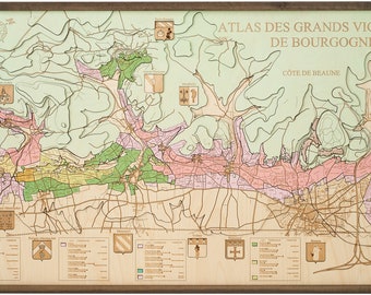 COTE DE BEAUNE 3D Spezialkarte aus Naturholz in Handarbeit gefertigt 152 x 61 cm. 20% Oster Rabatt vom 29.03. bis 30.04.