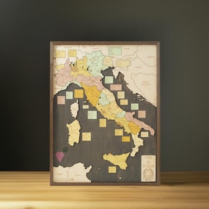 VINI DI ITALIA 3D Wandkarte aus Naturholz in Handarbeit gefertigt. 61 x 81 cm.