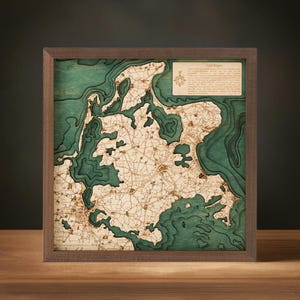 Rügen 35 x 35 cm, carte murale 3D unique en bois, assemblée à la main,