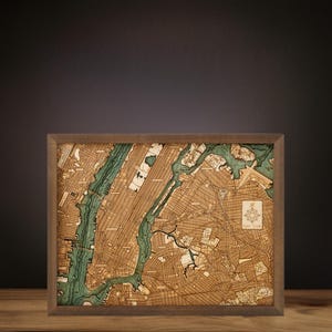 NEW YORK - Carte murale 3D fabriquée à la main à partir de bois naturel. 81x61cm.