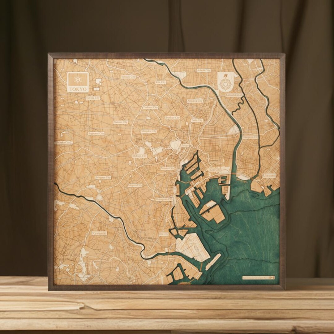 TOKYO 3D Wall Map Made of Natural Wood, Handmade. 76 X 76 Cm