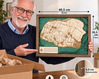 Föhr 30.5 x 40.5 cm, unique 3D wall map made of wood, assembled by hand,