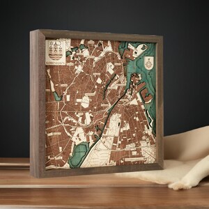 COPENHAGA - Mapa de parede 3D feito à mão em madeira natural. 35x35cm.