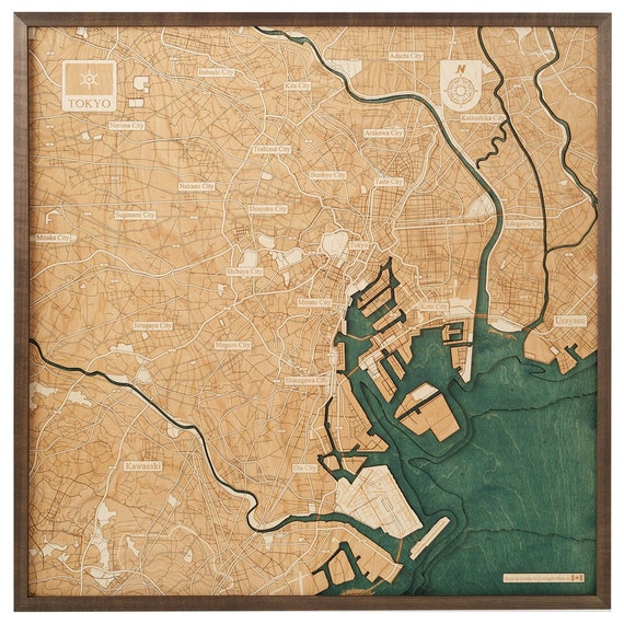 TOKYO 3D Wall Map Made of Natural Wood, Handmade. 76 X 76 Cm