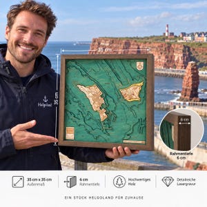 May include: A square wooden wall map of Helgoland featuring a teal-colored ocean and tan landmasses. The map measures 35 cm by 35 cm with a frame depth of 6 cm. It includes a compass rose, a coat of arms, and detailed laser-engraved topography.