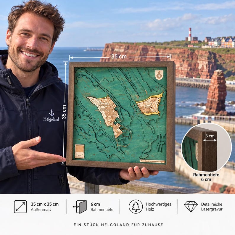 May include: A square wooden wall map of Helgoland featuring a teal-colored ocean and tan landmasses. The map measures 35 cm by 35 cm with a frame depth of 6 cm. It includes a compass rose, a coat of arms, and detailed laser-engraved topography.