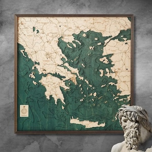 Griechenland 35 x 35 cm, einzigartige 3D-Wandkarte aus Holz, in Handarbeit zusammengesetzt,