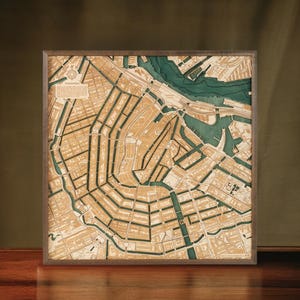 Carte murale Amsterdam 3D en bois, assemblée à la main, 76 x 76 cm.