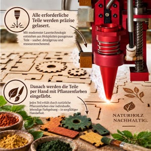 May include: A red laser cutting machine head engraving a wooden sheet with cut-out gear shapes. Text in German explains the laser process and hand-painting with plant-based dyes. Small wooden bowls contain colorful pigments and a brush lies nearby.