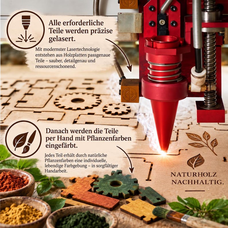May include: A red laser cutting machine head engraving a wooden sheet with cut-out gear shapes. Text in German explains the laser process and hand-painting with plant-based dyes. Small wooden bowls contain colorful pigments and a brush lies nearby.