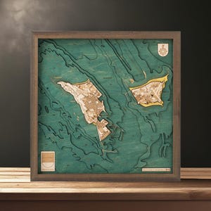 Helgoland 35 x 35 cm, einzigartige 3D-Wandkarte aus Holz, in Handarbeit zusammengesetzt,