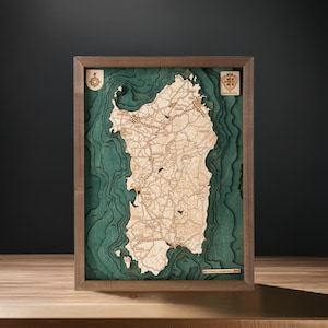 SARDINIË - 3D-muurkaart van natuurlijk hout, handgemaakt 30,5 x 40,5 cm.