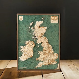 UNITED KINGDOM / Großbritannien 3D Wandkarte aus Naturholz in Handarbeit gefertigt. 61 x 81 cm.