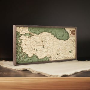 3D-väggkarta över Turkiet/TÜRKIYE tillverkad av naturligt trä, handgjord. 40,5 x 20,0 cm