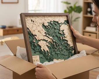 Greece 35 x 35 cm, unique 3D wall map made of wood, assembled by hand,