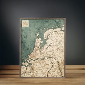 NEDERLAND 3D-wandkaart met de hand gemaakt van natuurlijk hout. 61x81cm.
