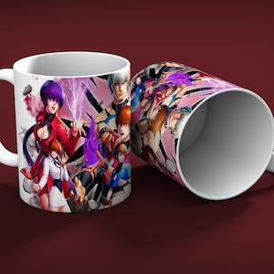 May include: White ceramic mug featuring a colorful illustration of anime characters. The design includes figures with dynamic poses, vibrant clothing, and special effects. The second mug is tilted, showing the inside and the design on the side.