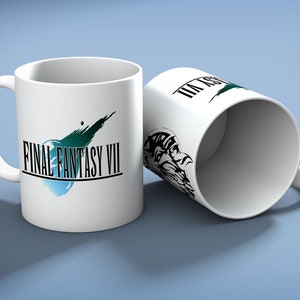 May include: White ceramic mug featuring the "FINAL FANTASY VII" logo in black and teal. The mug also displays a black and white character illustration. The mug has a white handle and is set against a light blue background.