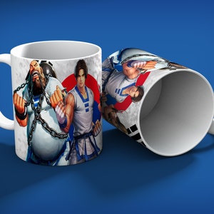 May include: White ceramic mug featuring illustrations of video game characters. One mug displays a muscular man with chains and a beard, and another shows a man in a white and blue uniform. The background includes a red circle.