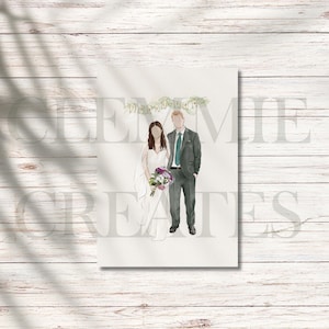 Impresión de boda personalizada e ilustrada a mano: retrato digital personalizado de pareja con texto, lugar, votos y fecha. Un regalo de recuerdo de lujo.