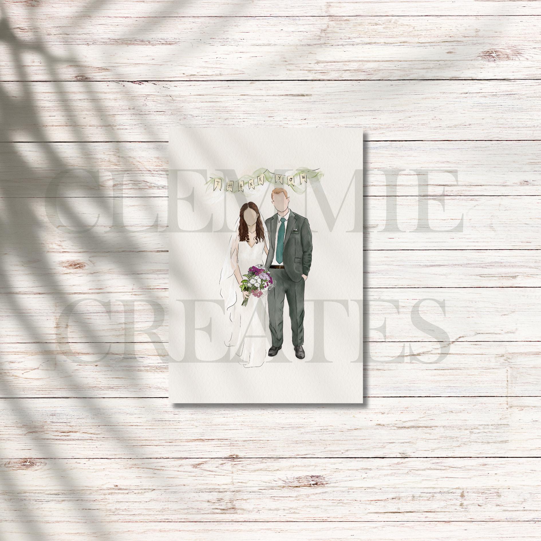 Bespoke Hand-Illustrated Wedding Print – Personalised Digital Couple Portrait with Text, Venue, Vows, Date | Luxury Keepsake Gift