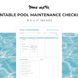 Liste de contrôle imprimable pour l'entretien de la piscine / Liste d'entretien de la piscine / Journal de bord de la piscine / Entretien de la piscine / Liste de contrôle du nettoyage de la piscine