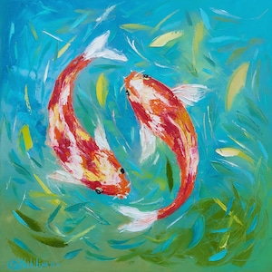 Koi Fish Painting Goldfish Original Art Oil Painting Pond Fish Artwork Impasto Wall Art Palette Knife Art by OlgaNikitinArt