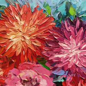 May include: Close-up of a painting featuring three vibrant flowers. The flowers are painted in shades of red, pink, and purple, with a textured brushstroke effect. The background is a mix of blue and green hues.