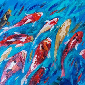 Koi Fish Painting Goldfish Original Art Oil Painting Pond Fish Artwork Impasto Wall Art Palette Knife Art by OlgaNikitinArt